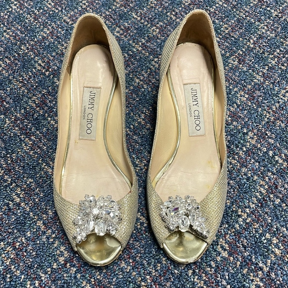 Preloved Jimmy Choo Gold Lamé Crystal Embellished Hydra D'Orsay Pumps Size 36.5